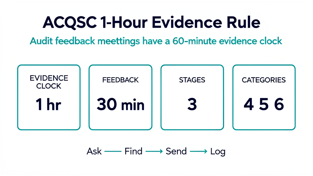 Infographic showing the ACQSC 1-hour evidence retrieval rule during onsite feedback meetings: 1 hour evidence clock, 30 minute feedback meeting, 3 audit stages, categories 4 5 and 6 in scope, and the ask find send log workflow
