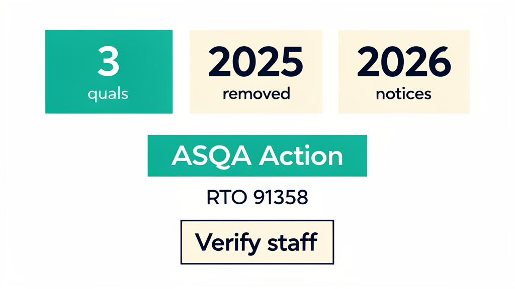 Infographic for the ASQA childcare qualifications review affecting Unique College of Technology RTO 91358: 3 ECEC qualifications in scope, deregistration effective 2 September 2025, first Notices of Intent issued in June 2026, providers advised to run a roster verification sweep before August 2026.