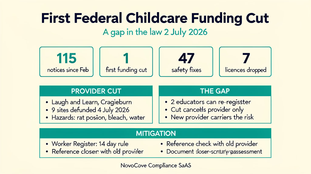 Infographic for the 2 July 2026 childcare funding cut loophole story: 115 enforcement notices, 47 fixed, 7 licences relinquished, 1 first federal funding cut (Laugh & Learn, Craigieburn), 2 educators re-registering, 30 plus family day care locations defunded, 4 July 2026 effective date, National Early Childhood Worker Register mitigation.