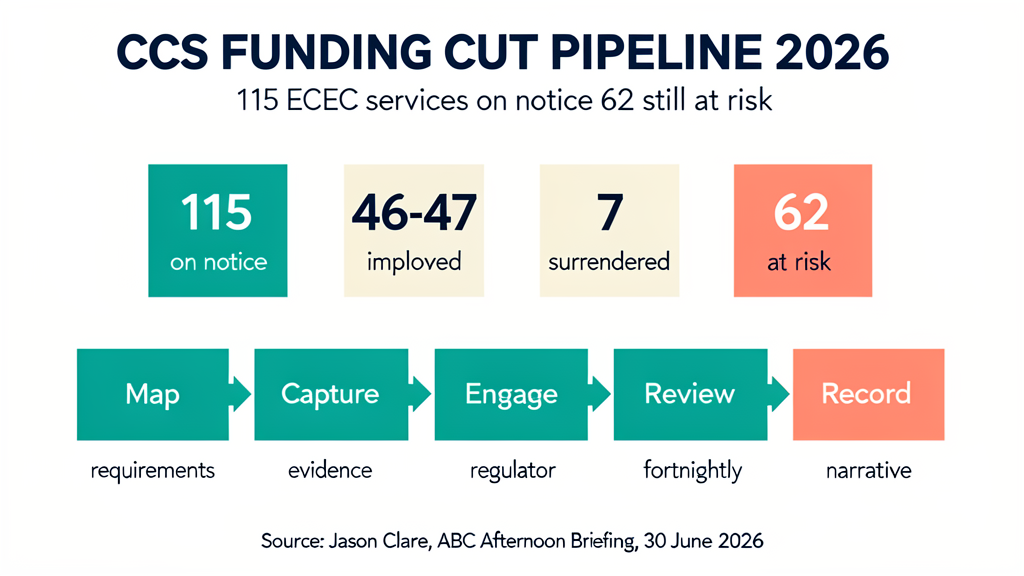 Infographic showing 115 ECEC services on notice, 46-47 improved, 7 surrendered, 62 at risk, plus 5-step pipeline remediation playbook