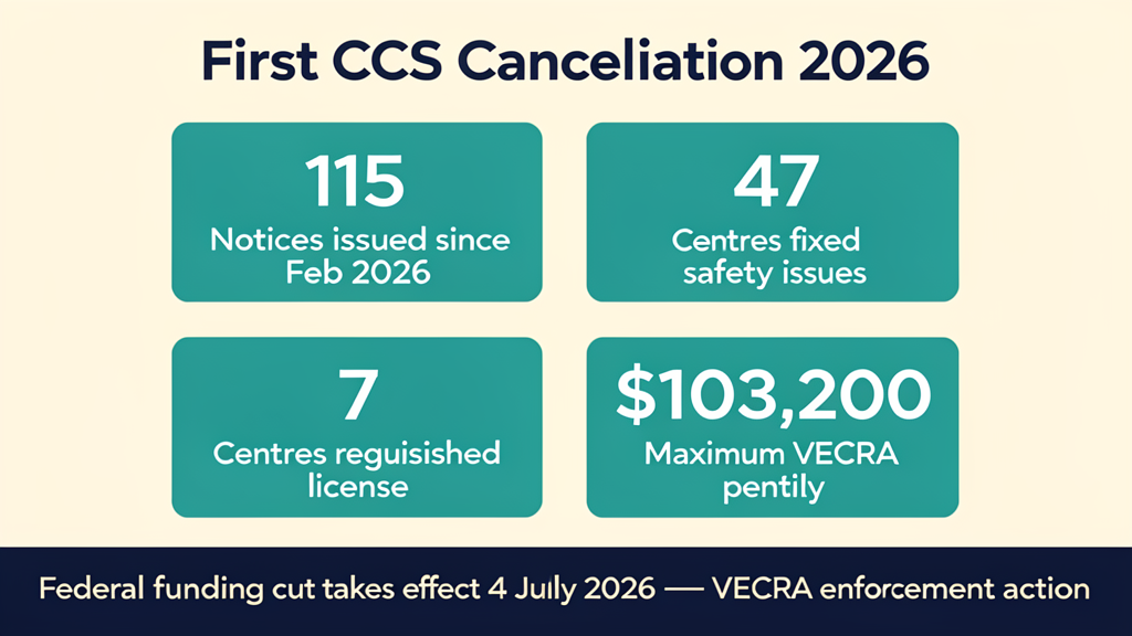 Infographic showing 115 notices issued since February 2026, 47 centres that fixed safety issues, 7 that relinquished their licence, and the 103,200 dollar VECRA maximum penalty for the first Child Care Subsidy cancellation.