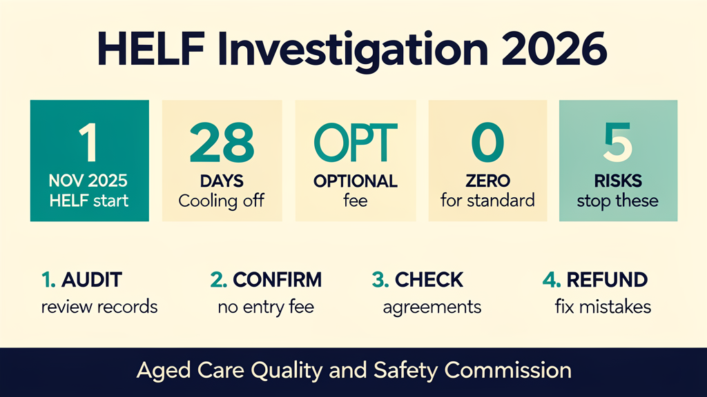 HELF compliance investigation infographic showing 1 November 2025 launch, 28-day cooling off, 100 percent voluntary, $0 permitted for standard care, and the 4-step audit checklist