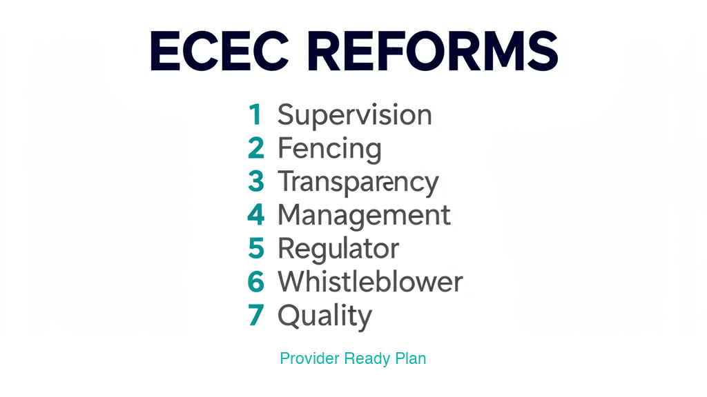 Provider readiness map for the July 2026 ECEC reforms, using abstract icons for investment, progress, supervision, scheduling, governance, fencing safety and a three-stage timeline.