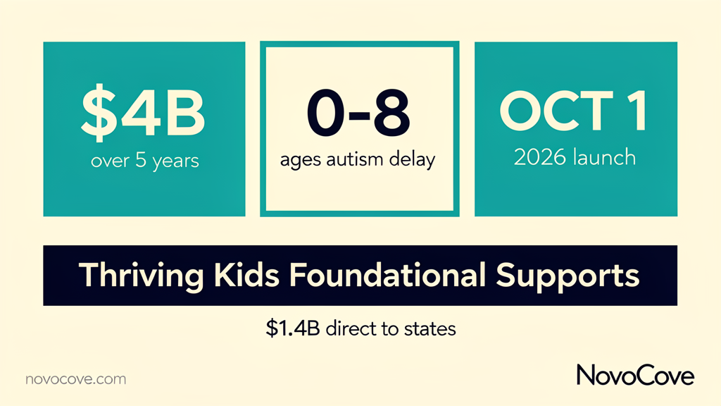 Infographic for the Thriving Kids Foundational Supports program: $4B over 5 years, ages 0 to 8, 1 October 2026 launch, $1.4B direct funding to states, ECEC named as a delivery setting, low to moderate needs cohort, NDIS retained for high needs.