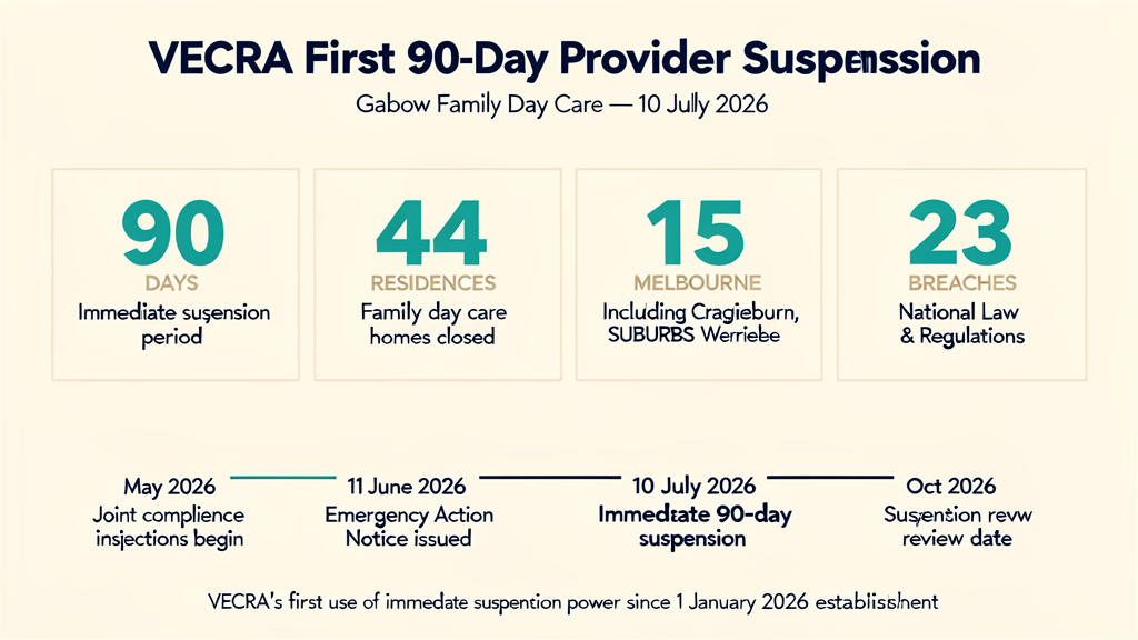 VECRA immediate 90-day suspension of Gabow Family Day Care, 44 residences, 15 Melbourne suburbs, 23 breaches, 11 June Emergency Action Notice timeline
